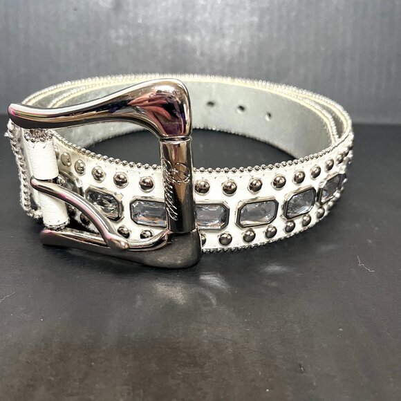 GUESS Studded Leather Belt Size Small White Silver Tone Rhinestone Punk Rock Y2k main image 4